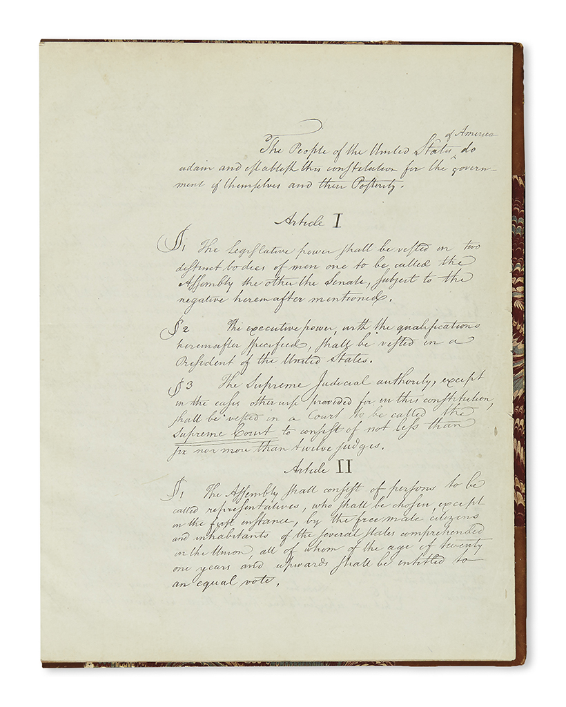 (CONSTITUTION.) Facsimile printing of Alexander Hamiltons draft of the Constitution, bound with related letters by his son.